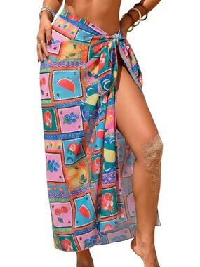 Women's  Fruit Geometric Swimsuit High Slit Summer Floral Print Wrap Beach